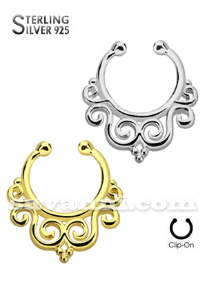 Silver Fake Septum Tribal Swirls