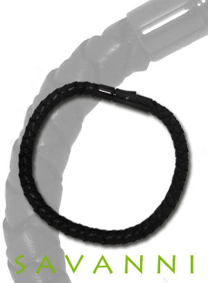 Flätat Svart Läderarmband Med Runt Lås av Stål